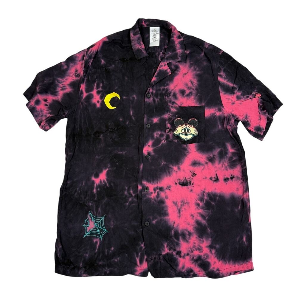 Disney Parks Mickey Mouse Halloween Tie Dye Woven Button Up Shirt Mens Size L